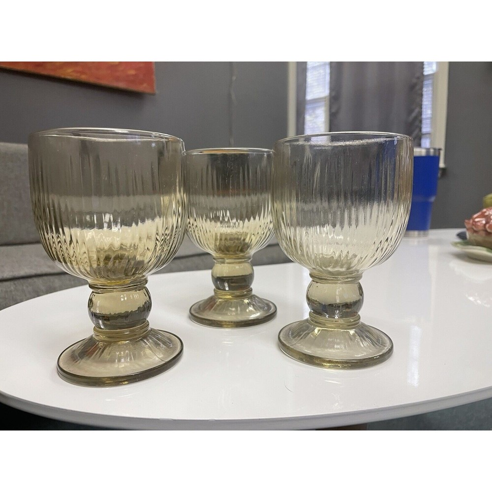 Pfaltzgraff Gourmet Heavy beigeGlass Stemmed Goblets HTF VNT set of 3